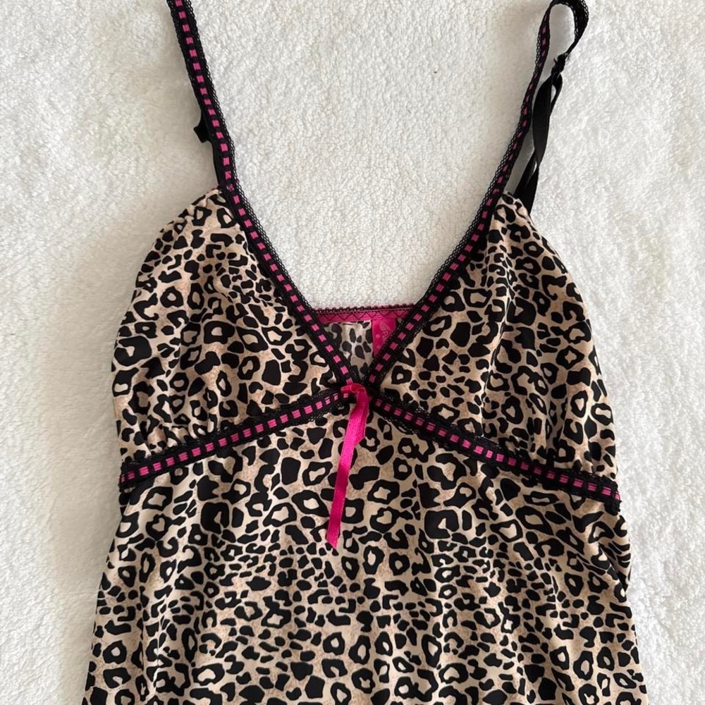y2k leopard print babydoll lingerie dress with pink trim
